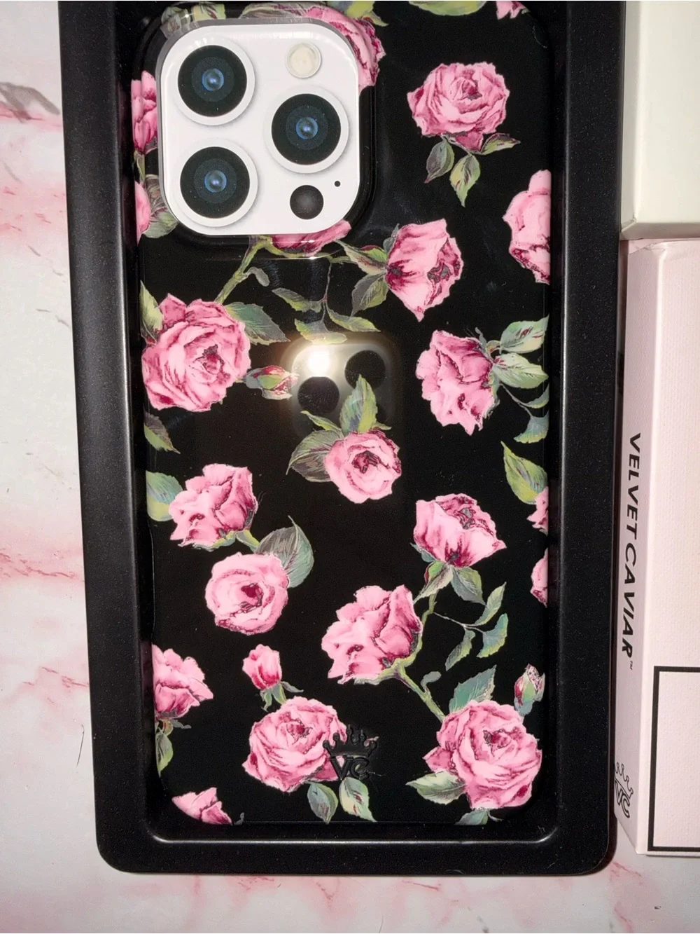 Velvet Caviar Pink Rose Floral Phone Case & Phone Grip - Black Background